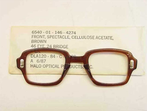 USS 6540-01-146-4274 military-issue spectacle front, front view showing brown cellulose acetate frame and Halo Optical Products sleeve