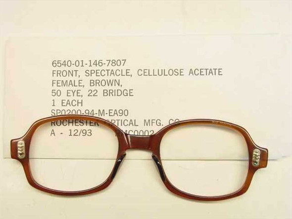 USS 6540-01-146-7807 military eyeglass frame front, brown cellulose acetate, female, shown with NSN and SP0200-94-M-EA90 contract label – angled view
