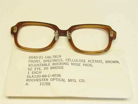 US Military GI eyeglass frame 6540-01-146-7819 angled view showing adjustable rocking nose pads and label