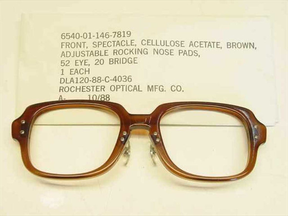 US Military GI spectacle frame 6540-01-146-7819 brown cellulose acetate front view with Rochester Optical label card