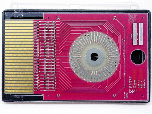 SV Probe C48-2 Rev A 888008 Motherboard Test Fixture – front face showing gold edge connector fingers and circular probe contact array on red PCB