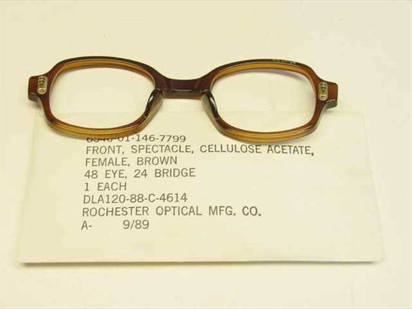 Rochester Optical military spectacle front brown cellulose acetate frame only, angled view showing label with DLA contract number and 9/89 date code