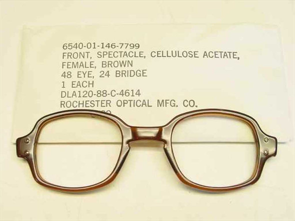 Rochester Optical GI military spectacle front 6540-01-146-7799 brown cellulose acetate 48-24 shown with label, front view