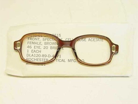 Rochester Optical military issue brown cellulose acetate spectacle frame front view showing full frame shape without ear pieces, resting on original packaging sleeve