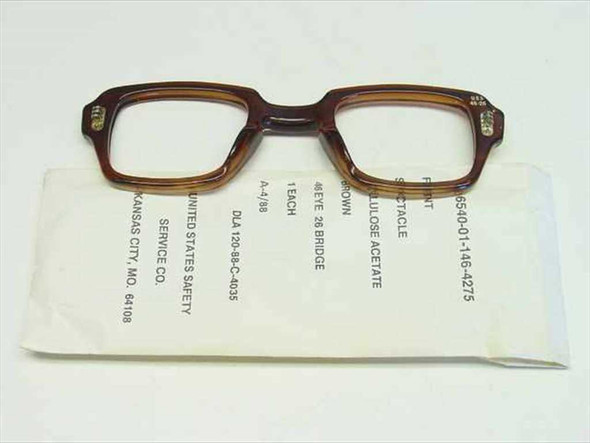 USS BCG military eyeglass frame 46-26 brown cellulose acetate front view with sleeve, three-quarter angle