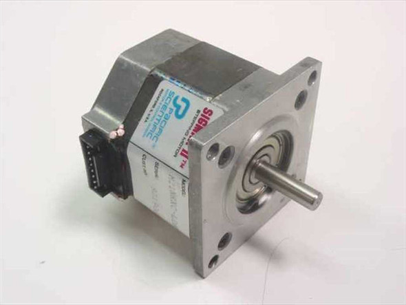 Pacific Scientific Sigmax II M21NRXC-LDN stepping motor – front-left angle view showing label, shaft, and 8-pin connector