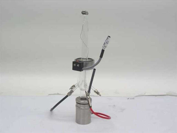 TMA quartz sample holder — alternate front angle showing black module clipped to glass tube mid-section and stainless base with wired connectors, white background
