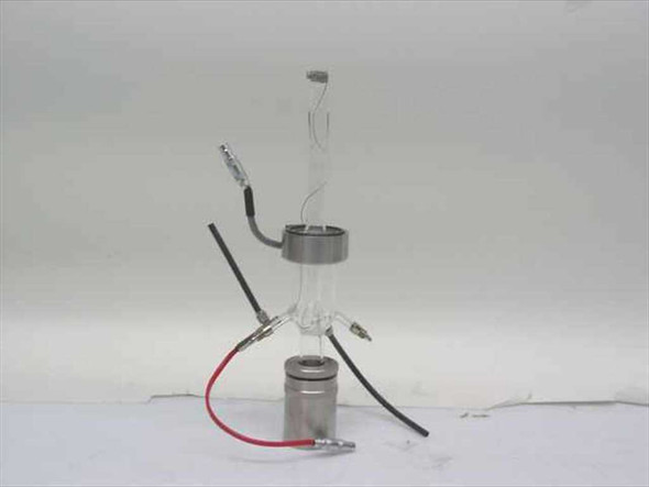 TMA quartz sample holder assembly — full view showing glass tube, stainless steel base, red and black lead wires, and small sensor clip, white background