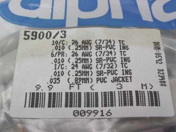 Alpha 5900/3 cable label showing 26 AWG SR-PUC specifications, 9.9 ft length, and barcode