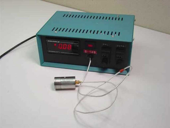 Analogic G-185 Measuremeter II LVDT readout unit front panel with red LED display showing +0.08, connected to Transducers and Systems FT 50A transducer via cable