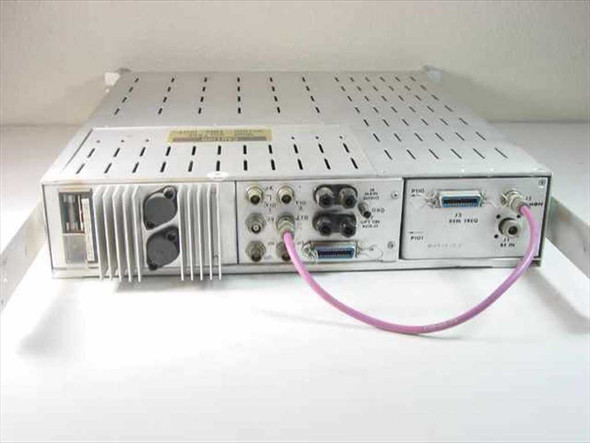 Scientific Atlanta 414 Video Receiver rear panel view showing power inlet, BNC connectors, D-Sub port, and pink coaxial cable