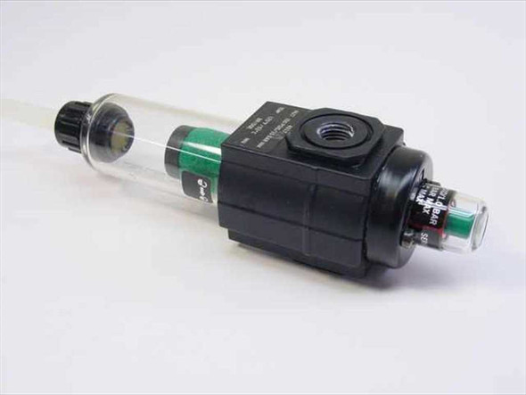 Bridge 4017 compressed air filter – right-side angled view showing black body, clear bowl, green element, and drain knob
