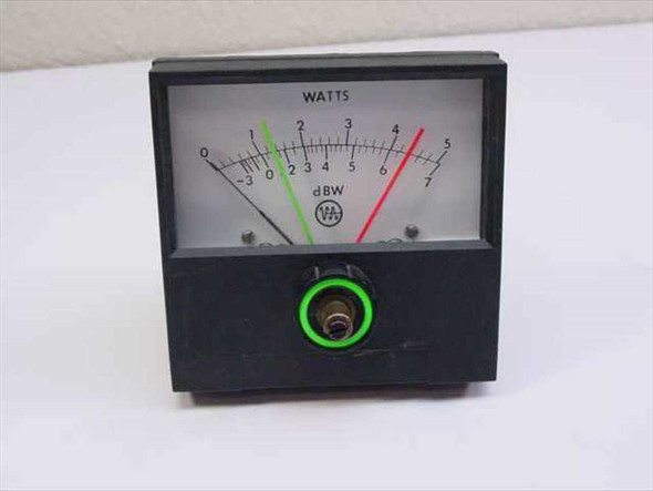 Varian 110641 panel wattmeter front view showing 0–5W and dBW dual scale with green and red colored range indicator lines and front coaxial input connector