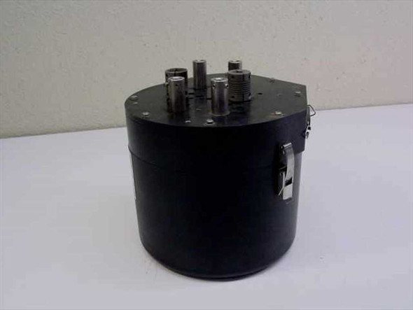 Varian VJW1454C Channel Select Sub-System – left-side three-quarter view showing cylindrical enclosure, latch hardware, and top RF connectors