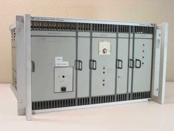 Scientific Atlanta 7300 Wideband BPSK Receiver front panel view showing Down Converter, DEMOD BSSC, and Power Supply modules in rackmount chassis