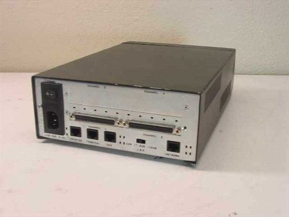 Black Box FT1-4 MTX-P rear panel showing Channel 3 and 4 DB-25 ports, Channel 1 and 2 RJ ports, Printer, Terminal, AUX, Network connectors, and LBO switch