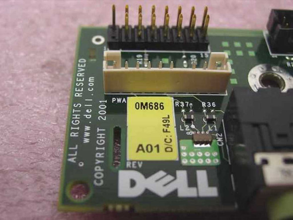 Dell 0M686 front panel board — close-up of PWB label showing part number 0M686, Rev A01, and D/C F49L date code