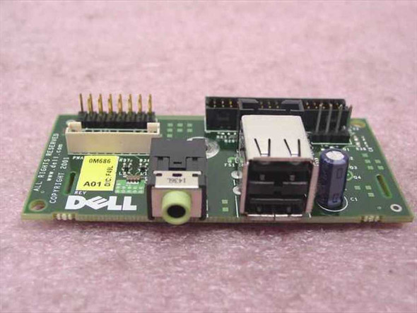 Dell 0M686 I/O Front Panel Board Rev A01 — front view showing USB port, 3.5mm audio jack, and header connectors