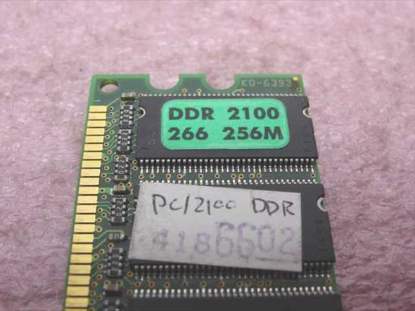 Unbranded DDR PC2100 256MB DIMM — close-up of label showing DDR 2100, 266MHz, 256MB spec sticker and KO-6393 board marking