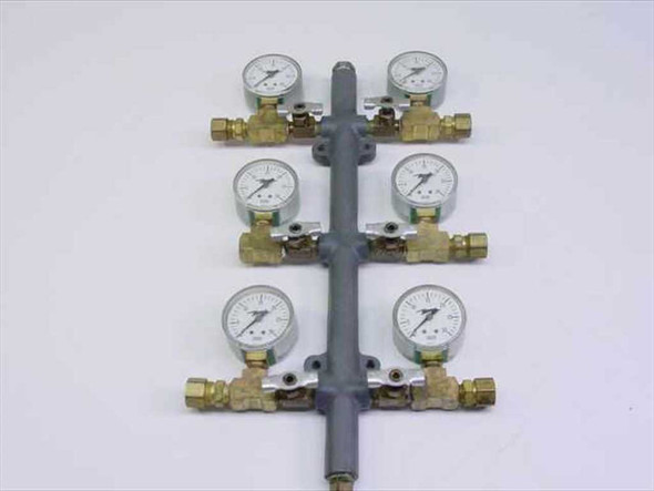 6-outlet low pressure gas manifold front view showing six 0-30 PSI gauges and brass valves on gray steel body