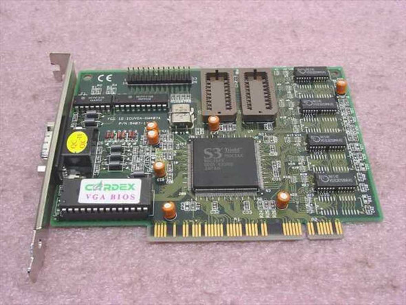 Cardex S3 Trio64 PCI VGA card M0K2AA — PCB top view showing S3 Trio64 GPU, VGA BIOS label, CE mark, and PCI edge connector