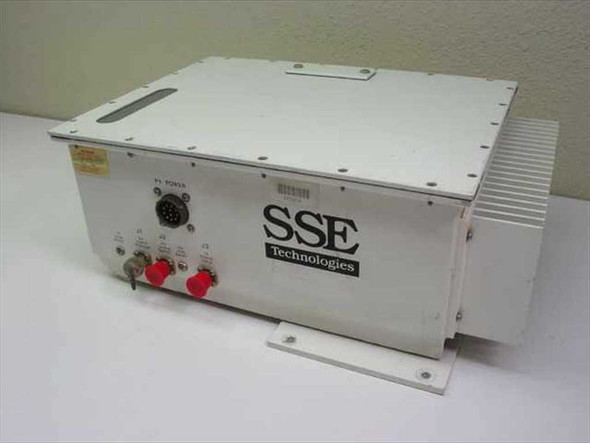 SSE Technologies ASAT-1214-1205 X-Ku Band 5W SSPA Upconverter – front and right-side view showing SSE Technologies logo, circular power connector, and red BNC connectors