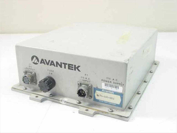 Avantek PS-110-002 power supply front panel showing DC Output connector J1, 2A fuse, and P1 115VAC input connector with label