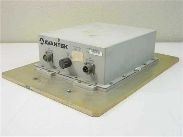 Avantek PS-110-004 outdoor power supply front-left view showing AVANTEK logo, circular AC input and DC output connectors on face panel, mounted on gold-anodized baseplate