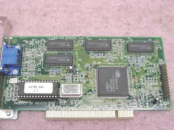 STB Nitro 64V PCI video card – PCB top view showing Nitro 64V chip label, multiple RAM chips, and 'Product of Mexico' marking