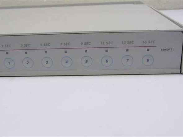 Raritan MasterConsole II KVM-0D0 — front panel close-up showing 8 server select buttons with scan interval labels (1–16 sec) and REMOTE indicator