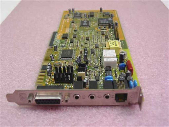 Aztech AT3300 16-bit ISA modem sound card front-angle view showing bracket with DB-15 joystick port, audio jacks, and RJ-11 modem connector