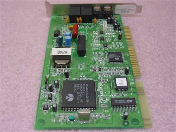Hayes 5655US 56K DFV modem PCB — top view showing Rockwell/Conexant main controller chip and board components