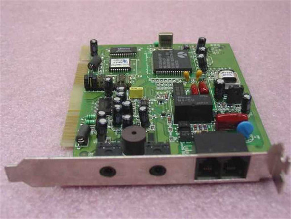 Rockwell F34PVS 56K ISA internal modem card – angled top view showing main Rockwell controller chip, RJ11 ports, and ISA edge connector
