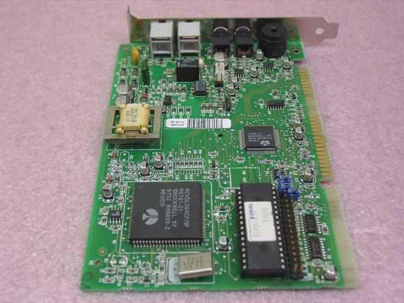 Boca Research MD56I ISA modem card – reverse angled view showing RJ11 ports, Rockwell main chipset, and ROM chip
