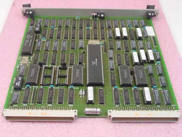 Staubli Unimation W.211.108.00 Torque Prozessor Card – solder side view showing full PCB layout with two large DIP processors, edge connectors at bottom, and card cage mounting bracket