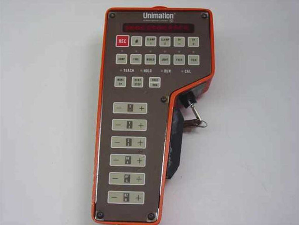 Unimation 3D32488G02 Teach Pendant – front panel showing REC button, mode keys (Teach, Hold, Run, Cal), and axis +/- buttons