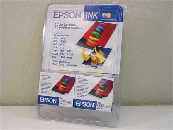 Epson S020191 S020089 color ink cartridge 2-pack in original blister packaging — front view showing compatibility list