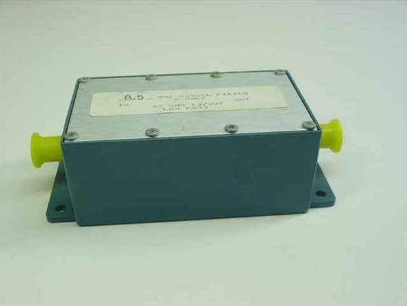 8.5 MHz 5-Pole Bessel Low Pass Filter in blue-grey metal enclosure with yellow BNC dust caps on each end, front-top view