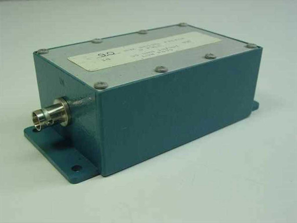 9.0 MHz 5-Pole Bessel low pass filter in blue metal enclosure – three-quarter front view showing BNC output connector and mounting flanges