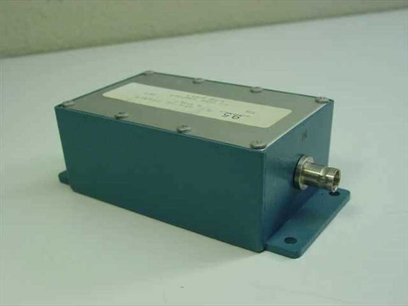 9.5 MHz 5-pole Bessel low pass filter in blue metal enclosure – angled front-right view showing BNC output connector and label on top