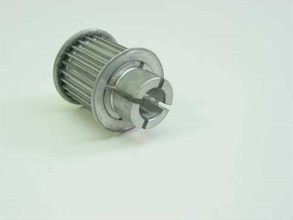 Aluminum timing belt pulley 9-tooth 3/8 bore — angled side view showing flanges, teeth profile, and split hub detail