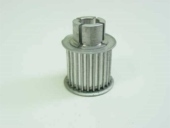 Aluminum timing belt pulley 9-tooth 2.9mm pitch — top and front view showing teeth and split clamp hub