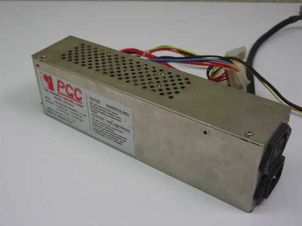 PGC PGC-50-K 50W AT slim form factor power supply – front-right angle view showing vented steel housing and cable harness