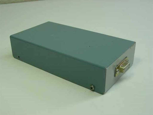 Steel interface box top and side view showing teal-gray metal enclosure with DB9 connector on the short end