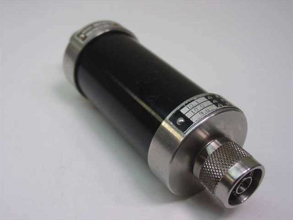 Weinschel Engineering 10-10 attenuator – side view showing specification label and knurled N-male connector end
