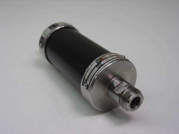 Weinschel Engineering Model 10-10 precision 10 dB coaxial attenuator – three-quarter front view showing black cylindrical body and N-male connector