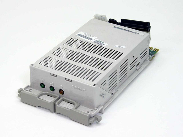 Compaq 199656-001 hot-plug SCSI hard drive caddy — angled front view showing green and amber LEDs and dual locking handles