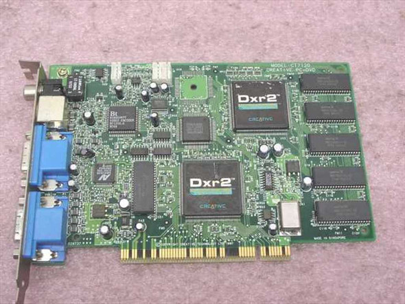 Creative Labs CT7120 DXR2 PCI DVD hardware decoder card — top component side showing dual DXR2 Creative chips and PCI edge connector