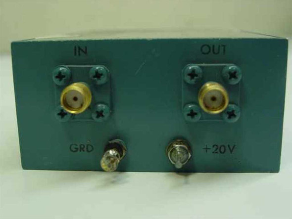 Watkins-Johnson WJ-5201-49 Amplifier – end panel showing SMA IN and OUT ports, GND and +20V DC power terminals