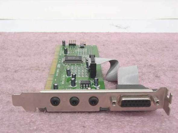 AOpen AS007 ISA Sound Card front bracket view showing three 3.5mm audio jacks and DB15 game port with ribbon cable attached